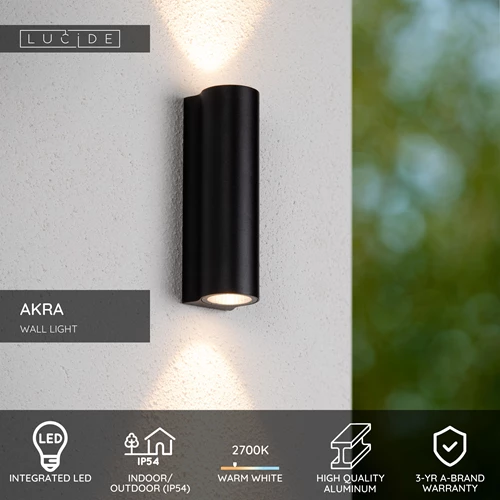Lucide AKRA - Wall light Indoor/Outdoor - LED - 2x6,5W 2700K - IP54 - Black - USP